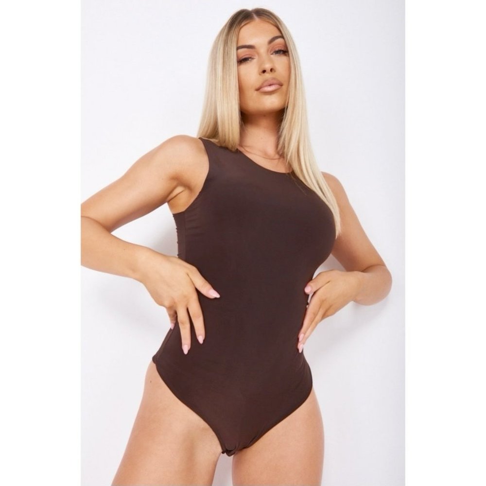 Brown Sleeveless Bodycon Bodysuit Top Leotard - Picture 6 of 10
